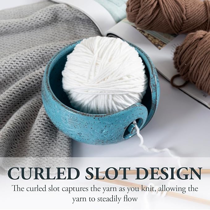 MyGift Turquoise Ceramic Tangle-Free Yarn Ball Bowl, Rustic Handcrafted Knitting Crochet Bowl with Cut Out Swirl