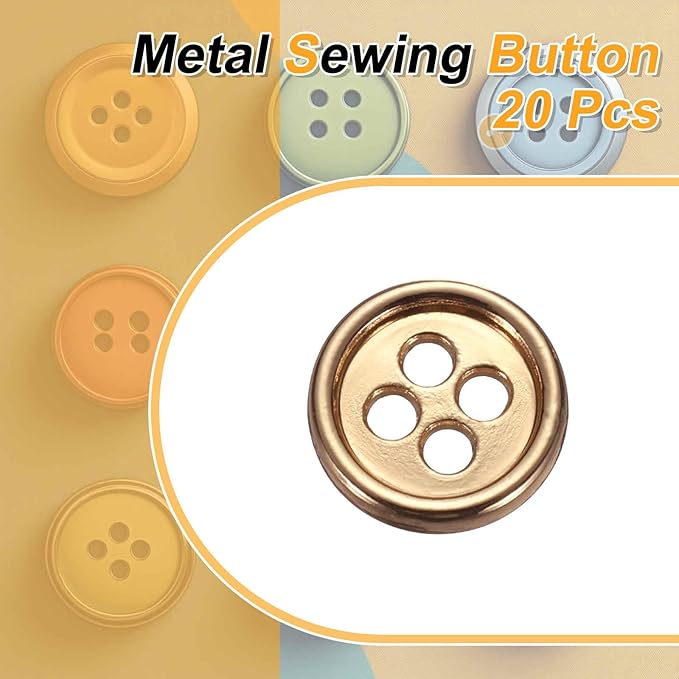HARFINGTON 20pcs Metal Sewing Button, 10mm 4-Hole Round Suit Shirts Coats Clothes Sewing Buttons for Decoration Craft, Gold