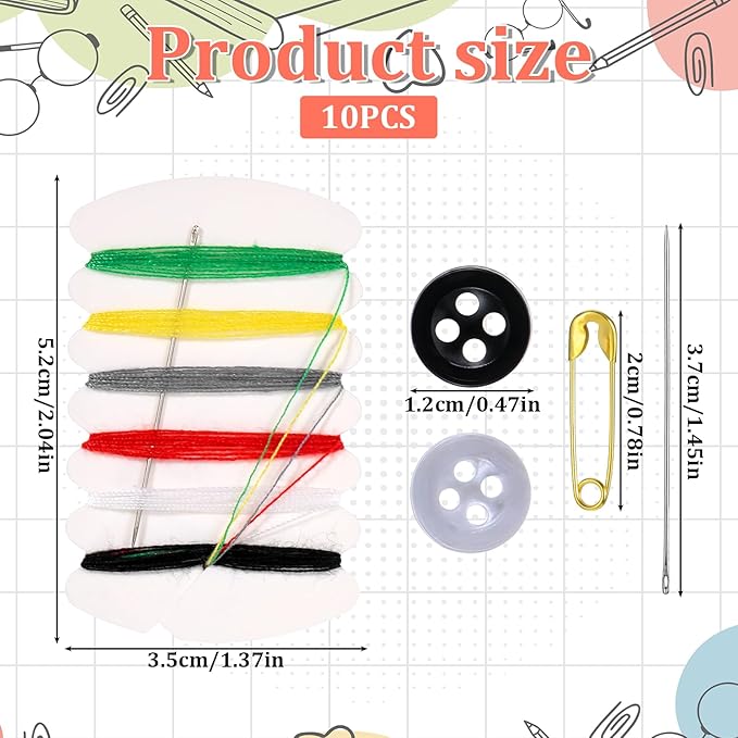 10PCS Mini Sewing Kit Travel Size Thread Repair Emergency Kit Portable Sewing Kits with Needles, Threads, Button, Safety Pin Basic Personal-Kit Travel Sewings Kits for Adults Hotel Amenities