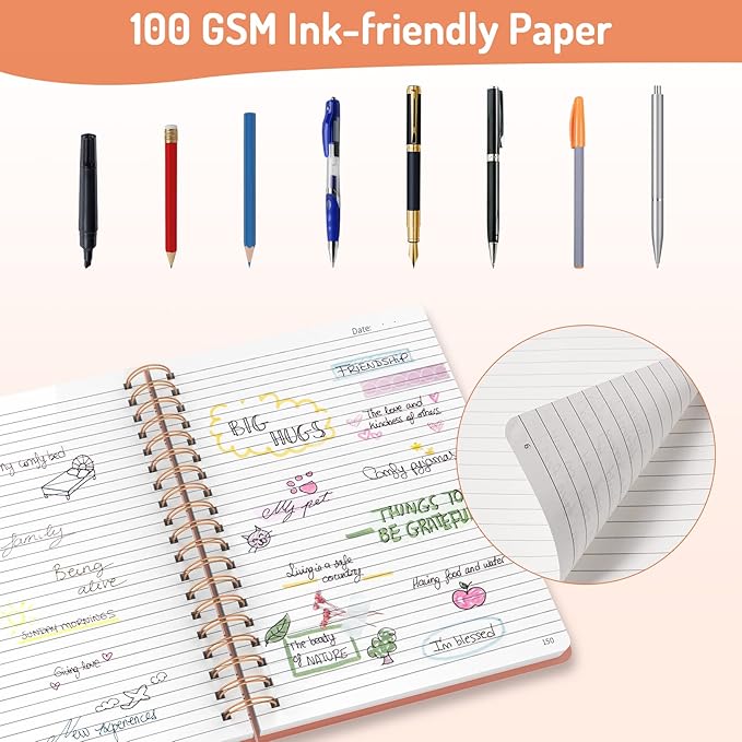 Forvencer Lined Spiral Journal Notebook with 300 Numbered Pages, B5 College Ruled Thick Journals for Writing with 100GSM Paper, Hardcover Notebooks with Contents for Work, School, Women, Men, Orange