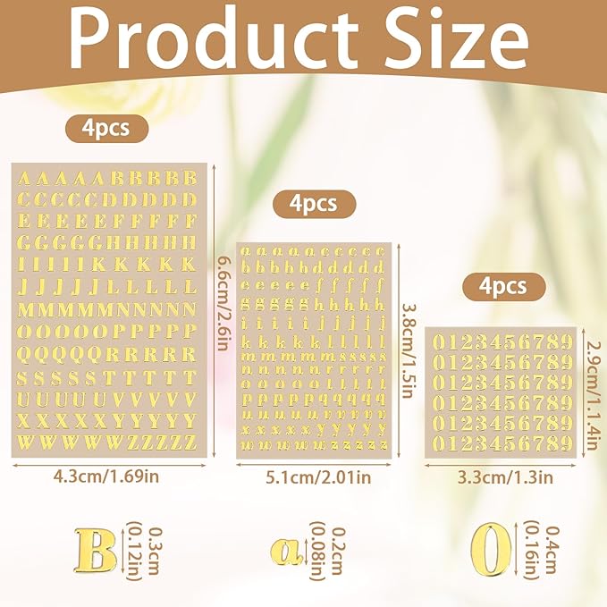 12 Sheets Small Gold Letter Stickers, Self Adhesive Mini 3D Number Alphabet Stickers, Glitter Alloy Tiny Stick on Letters Number for Scrapbooking, DIY Crafts Art Making, Graduation Cap Decor