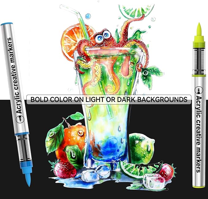 60 Color Acrylic Paint Markers Brush Tip, Waterproof, No-Bleed Ink with Automatic Ink Control, Premium Paint Pens for Rock, Wood, Canvas, Glass, Fabric for Professional and Adult Artists