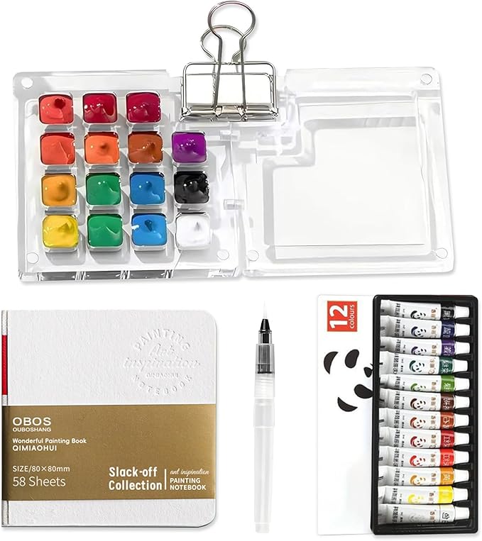Mini Watercolor Paint Set Pocket Artist Watercolor Travel Set with Mini Paint Palette,Brushes, 12 Colors, Watercolor Sketchbook for Artists Painters Students(Plastics)