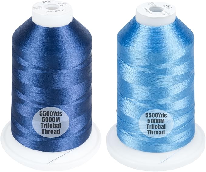 Simthread 2-Pack Trilobal Polyester Thread – 5000M (5500yds) No.40 Tangle-Free, Built-in Thread Lock Spool – Compatible with Brother, Singer, Janome & More,NavyBlue903+SkyBlue019
