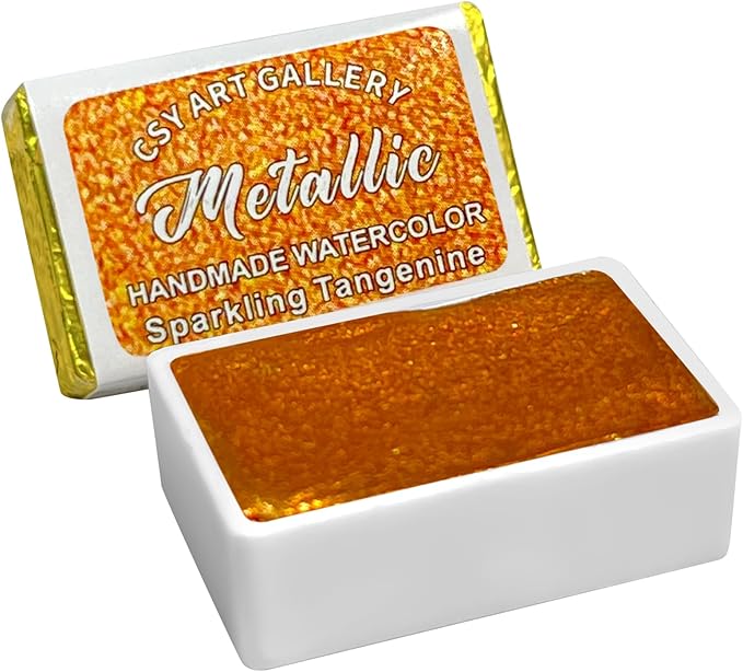 CSY art gallery Full Pan Handmade Color Flake Shimmer Metallic Watercolor Paints Chose your Color (Sparkling Tangenine)