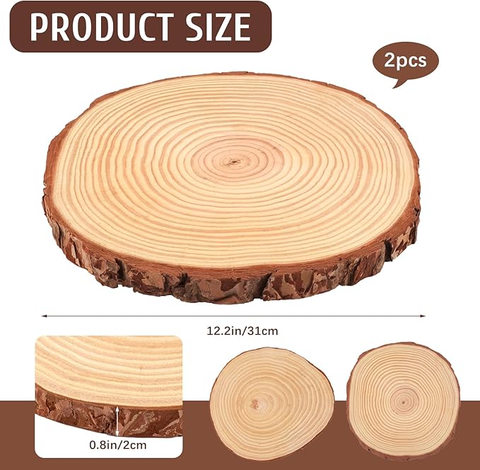 FSWCCK 2 Pack Nature Unfinished Round Wood Slices, 11-13 Inches Wooden Circle, Large Wood Slabs for Weddings Centerpieces Decor and DIY Painting Crafts (11"-13")