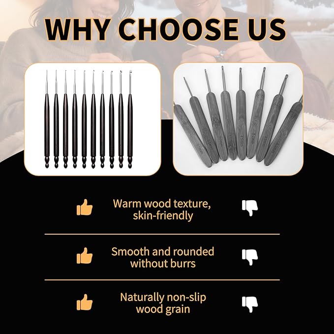 Hssugi Crochet Hooks, 1.25mm Small Crochet Hooks for Arthritic Hands with Wooden Handle, Ergonomic Lace Crochet Needles for Thread Embroidery DIY Lace