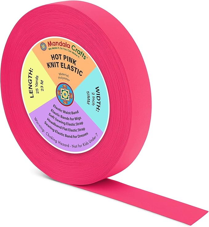 Mandala Crafts Wide 2 Inch Hot Pink Elastic Bands Spool for Pants Waistbands Sewing and DIY Crafts, 25 YD Stretchy Flat Fabric Strap Knit Elastic Band for Wig