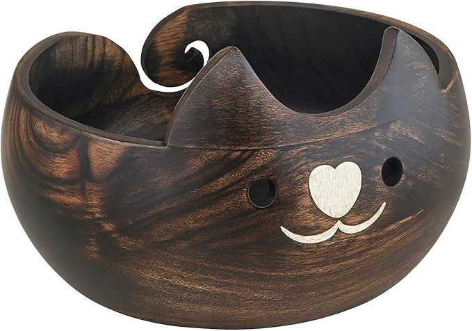 Christmas Gifts for Women Cat Yarn Bowl Knitting Bowl Large Crochet Yarn Holder YB2203 Handmade Crocheting Accessories and Supplies Organizer 7 x 3 Wooden White Elephant Gifts