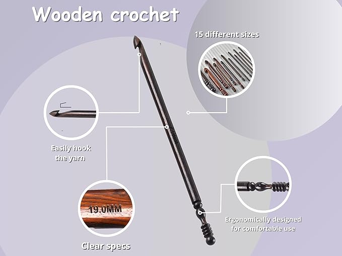DnU Avenue Rosewood Set of 15 Ergonomic Crochet Hooks 3.5 MM to 25 MM, Wooden Yarn Crochet Hooks for Arthritic Hands, Knitting & Crochet Hook, Soft Grip, Wood Finish, Brown (Hooks with Stand)