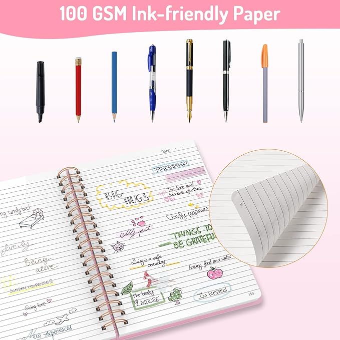 Forvencer Lined Spiral Journal Notebook with 300 Numbered Pages, B5 College Ruled Thick Journals for Writing with 100GSM Paper, Hardcover Notebooks with Contents for Work, School, Women, Men, Pink