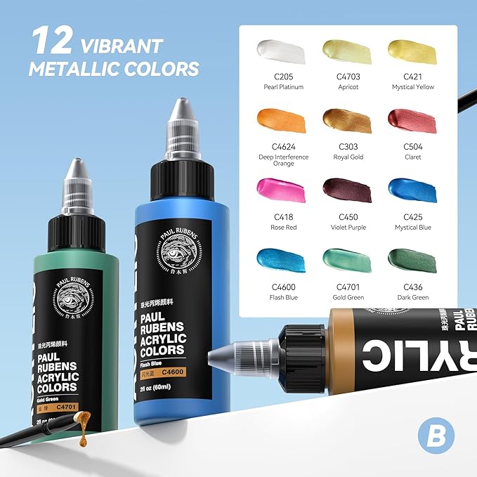 Paul Rubens Acrylic Paint, 12 Colors Metallic Acrylic Paint Set B, 2oz/60ml Bottles, Rich Pigments, Strong Coverage Acrylic Paints For Adults, Artists, Beginners On Canvas Rocks Wood Ceramic Fabric