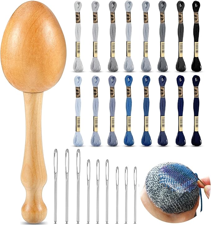 Jexine Darning Egg for Socks Wooden Darning Supplies Kit with 9 Large Eye Needles 16 Colors Sewing Threads for Socks Clothes Adults Darner DIY Handicraft Home Sewing Care(Grey Blue)