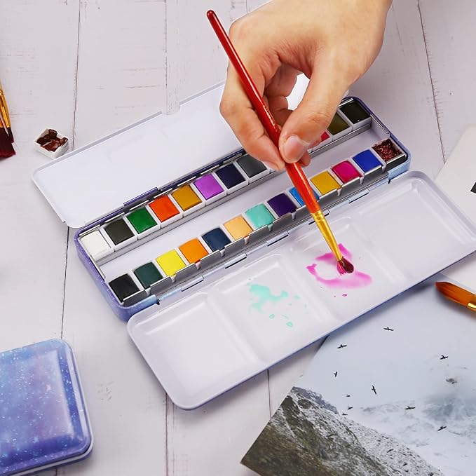 LOONENG Empty Watercolor Palette, Empty Watercolor Tin with Fold Out Palette, Medium Purple Watercolor Tray Palette with 26 Empty Half Pans for Plein Air Painting and Sketching
