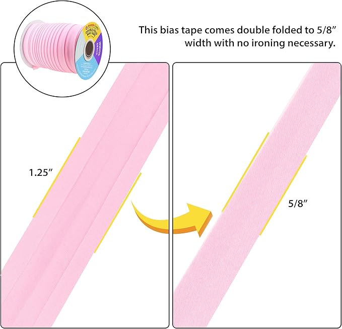 Mandala Crafts 55 Yards 5/8 Inch Light Pink Double Fold Bias Tape for Sewing - Bias Binding Tape for Quilting Binding, Hemming, Seam, and Fabric Piping