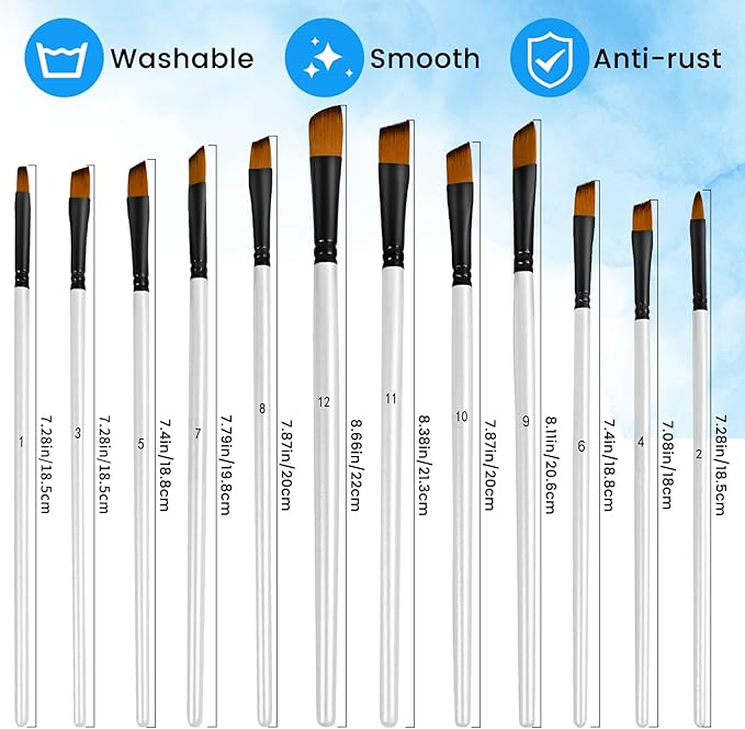 12 PCS White Color Paint Brushes Set, Acrylic Oil Professional Round Paint Brush for Watercolor, Art Brushes for Artists and Adults, Ideal for Water-Based Paints (Oblique Head)