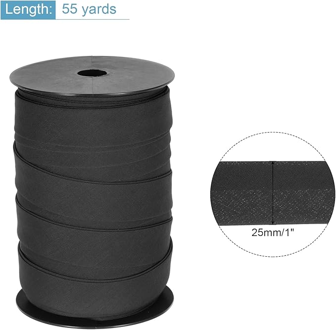 MECCANIXITY 1 Inch Double Fold Bias Tape Polyester Continuous Bulk Bias Tape for Sewing,Seaming Quilting Hemming Binding Crafts (Black 55 Yards)