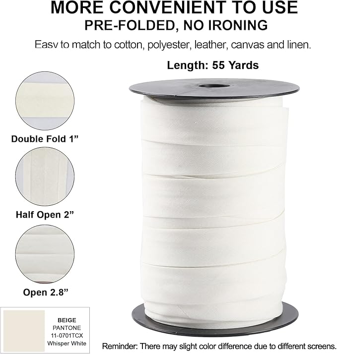 Bias Tape Double Fold 1 inch, Double Fold Bias Binding Tape 55 Yards (Beige) and 4 Pieces Sewing Fabric Chalks for Crafts, Sewing, Seaming, Hemming, Piping, Quilting.