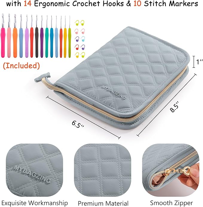 MYBAGZING Crochet Hook Set with Storage Case – 14 Ergonomic Crochet Hooks(2mm(B)-10mm(N), 10 Stitch Markers, Crochet Organizer for Crochet Needles, Accessories, and Supplies