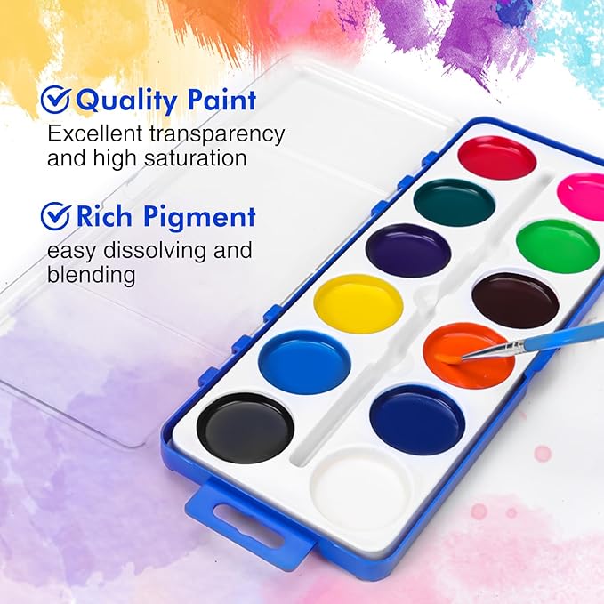 24 Pack Watercolor Paint Set Kids, 12 Colors Water color paint sets for kids with Paint Brush, Kids Watercolors Paint Set for Party Favor, Classroom.