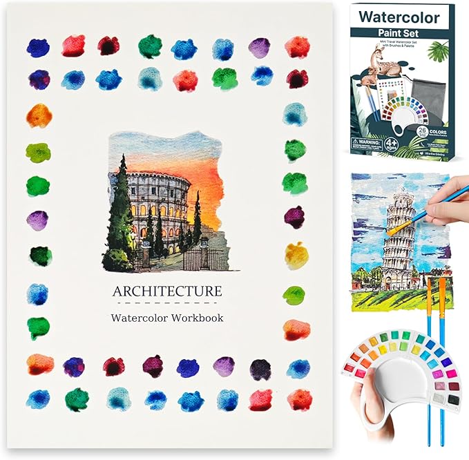 Watercolor Workbook & Water Coloring Book, 13 Pages 300GSM Paper, 26-Color Watercolor Paint Set with Brush & Storage Bag, Beginner-Friendly Coloring Book for Adults — Scenic Architecture Theme