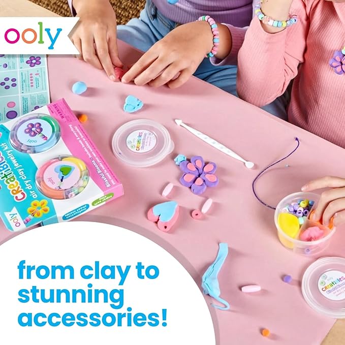 Ooly Creatibles Air Dry Clay Jewelry Kit for Kids, DIY Art Jewelry Making Kit with 6 Clay Colors, Beads, Shaping Tool, and Elastic Yarn, Non-Toxic Gifts for Kids Ages 6 and Up