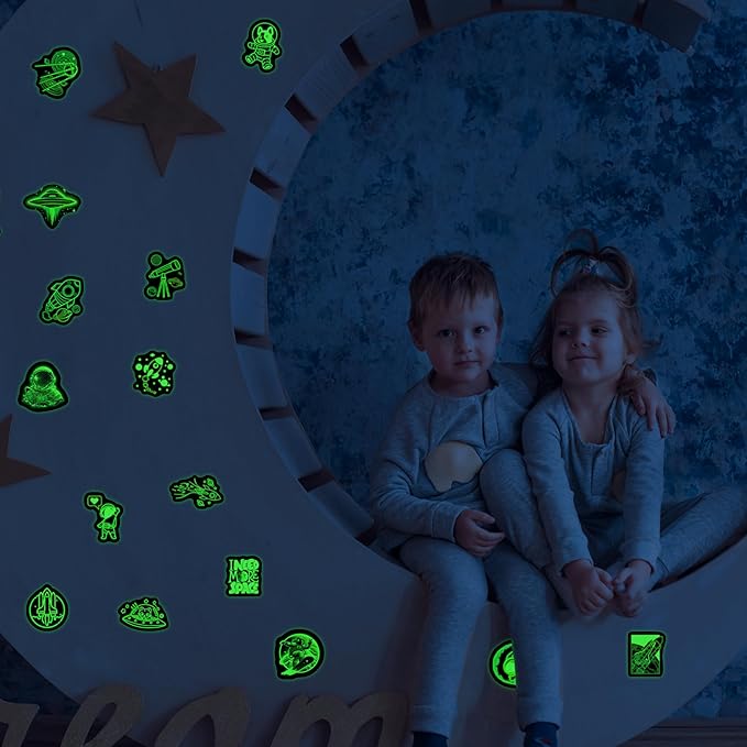 75 Pcs Neon Space Planets Stickers for Kids Glow in The Dark, Vinyl Astronaut Sticker for Water Bottle, Waterproof Laptop Decals for Teens Girls Boys Adults