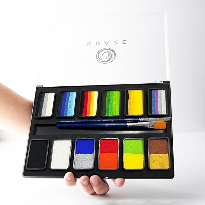 Kraze FX Transform Palette - 12 x 10 gm, Professional Face Painting, One Stroke Split Cake Palette, Water Activated, Hypoallergenic, Safe, Non Toxic Face Paint Kit for Kids & Adults