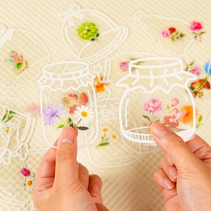 50Pcs Flowers in a Clear Bottle Stickers for Kindle, Laptop, Refrigerators, Scrapbooking, Journal, Photo Album, Suitcase, Waterproof PET Transparent Aesthetic Decals