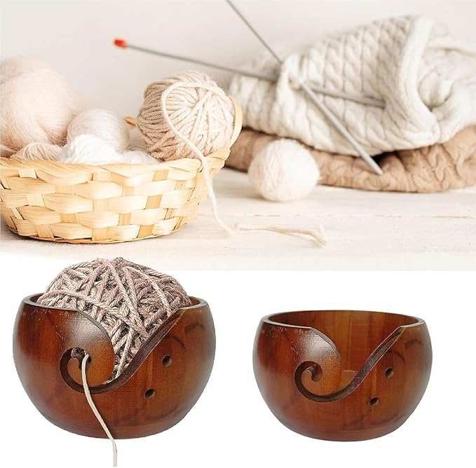 HONEYSEW Wooden Yarn Bowl, Knitting Yarn Bowl with Holes Storage Handmade to Prevent Slipping, Perfect Yarn Bowl for Crocheting and Knitting 6" x 3"
