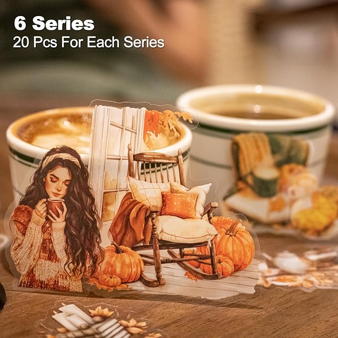 120 Pcs Coffee Themed PET Stickers Set, Vintage Aesthetic Stickers for Scrapbooking, Journaling, and DIY Crafts