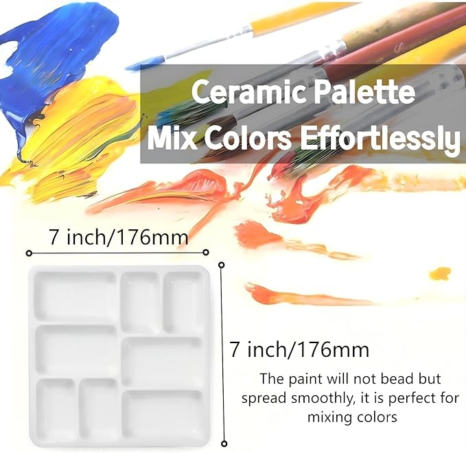 Porcelain Watercolor Palette, Ceramic Artist Paint Palette, Watercolor Mixing Tray for Watercolor Gouache Acrylic Oil Painting (7 * 7'' 8-Well Rectangle)