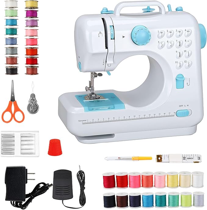 Mini Sewing Machine for Beginners, Portable Electric Sewing Machine with Dual Speed, 12 Built-in Stitches, Foot Pedal, and Accessories Kit for Home DIY Projects & Gift, Blue