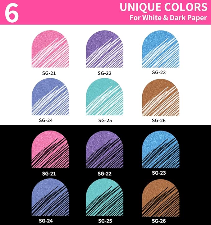 Glitter Gel Pens, 6 Pack Colored Pens for Black Paper & White Paper, 1.0mm Point Pens, Large Capacity Ink Pens for Coloring, Writing, Drawing, Journaling, Note Taking, Office, Home