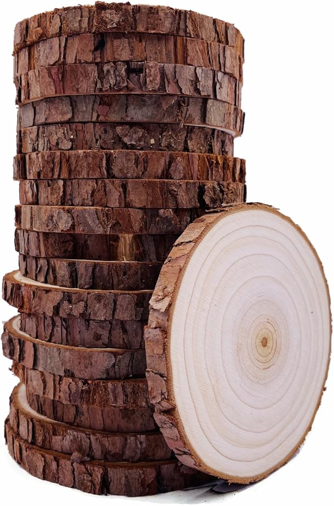 Unfinished Natural Wood Slices with Bark 20 Pcs 3.5-4 inch Craft Wood kit Circles Crafts Christmas Ornaments Rustic Wedding Decoration DIY Crafts for Crafts