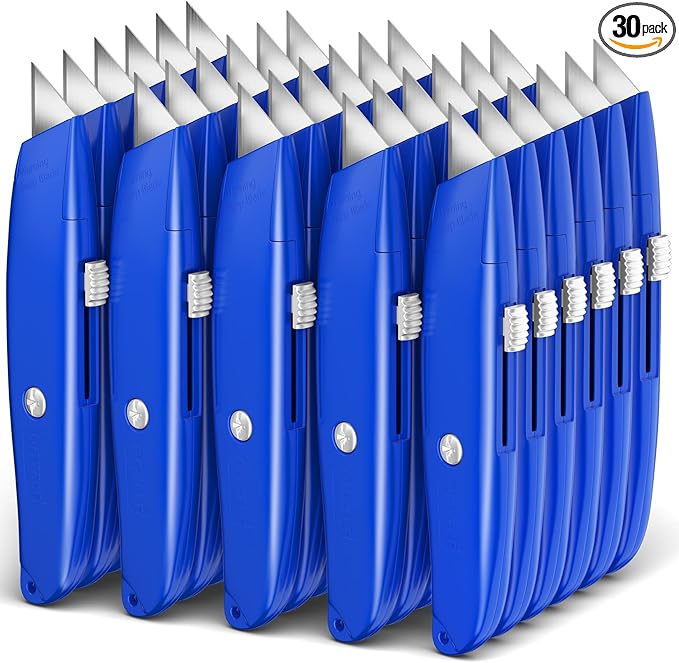 DIYSELF 30 Pack Box Cutter Heavy Duty Aluminium Shell Utility Knife | SK5 Steel Sharp Blade | Retractable Knife for Cutting Cartons Ropes and Cardboard | Home and Office Use, PVC Pipe Cutter (Blue)