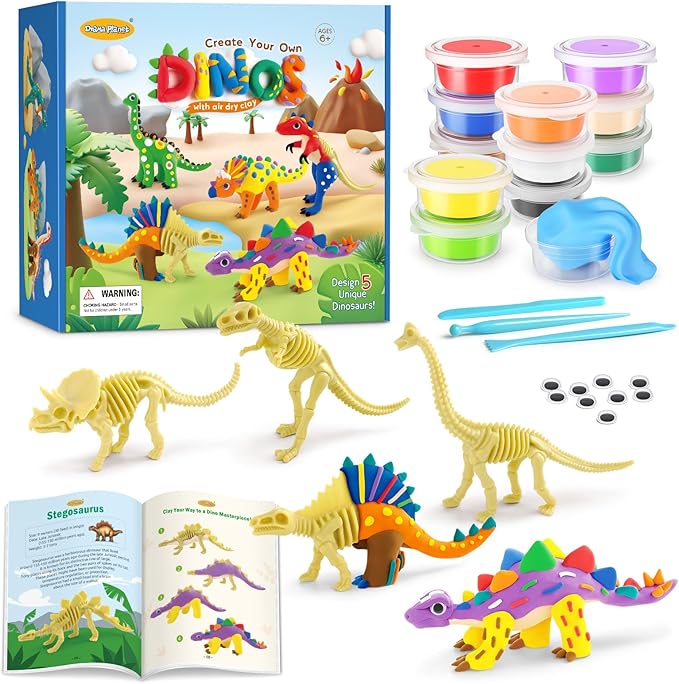Dinosaur Air Dry Clay Kit – Create 5 Dinosaur Models with 12 Colors of Modeling Clay, Instruction Guide – Fun & Educational Craft Set for Kids