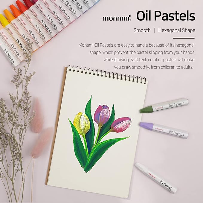 MONAMI Oil Pastels, Jumbo Size Hexagonal Shape for Kids and Students With Handy Carrying Case, 55 Vivid Colors +5 Extra (Total 60) Pack