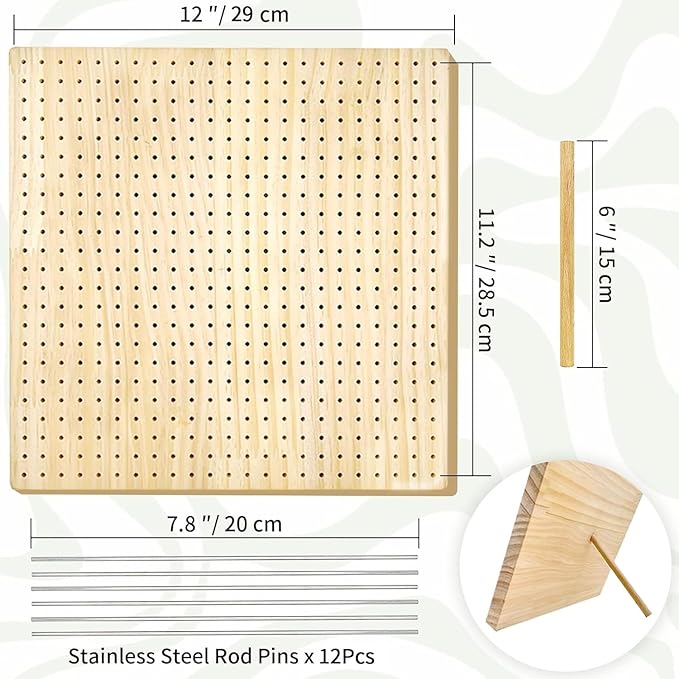 HAND U JOURNEY 12 Inch Large Size Premium Wooden Crochet Blocking Board - Complete Crochet Accessories Set with 12 Steel Pins - Ideal for Knitting, Granny Squares, and Projects