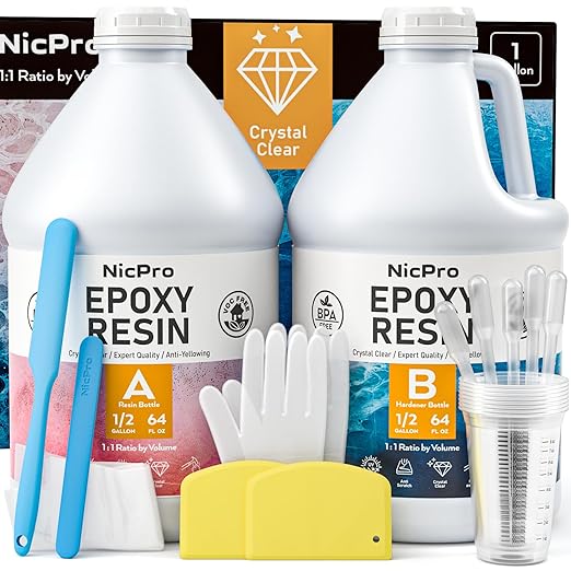 Nicpro 1 Gallon/128OZ Crystal Clear Epoxy Resin Kit, High Gloss & Bubbles Free Resin Supplies for Art Coating and Casting, Craft DIY, Wood, Tabletop,Molds, River Tables with Cups, Sticks, Gloves