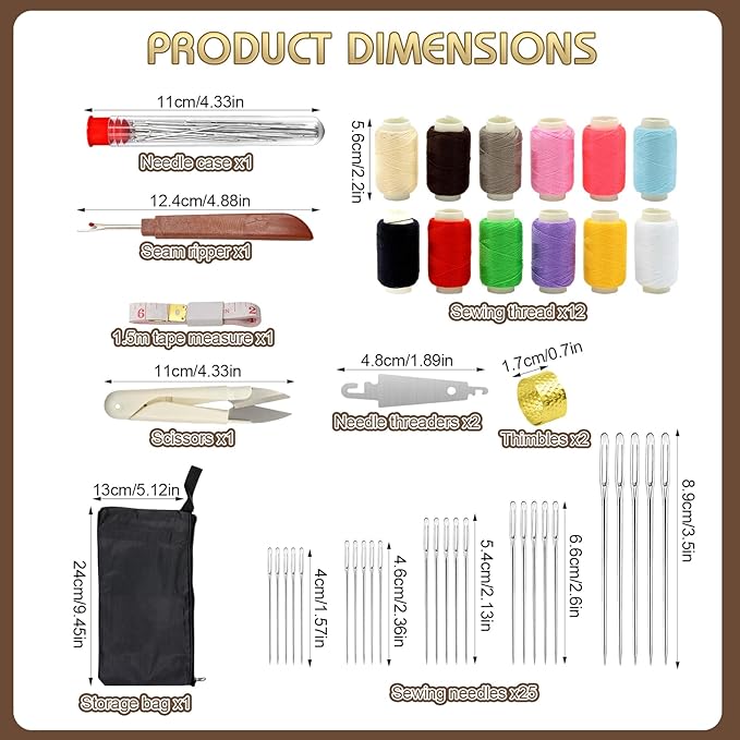 46 Pcs Big Eye Steel Sewing Needle Kit, Portable Stainless Steel Sewing Needle Kit, 25 Steel Needles for Hand Sewing, 12 Colors Threads, Scissor, Storage Bag, DIY Craft Repair Tools for Daily Use﻿