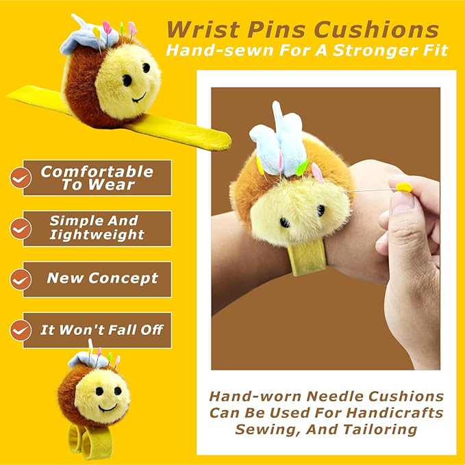 Cute Bee Wrist Pin Cushion Kit for Sewing with 50 Lovely Bird Needles,Including Threader, Thimble ＆Tape Measure for Needlework or DIY Crafts.