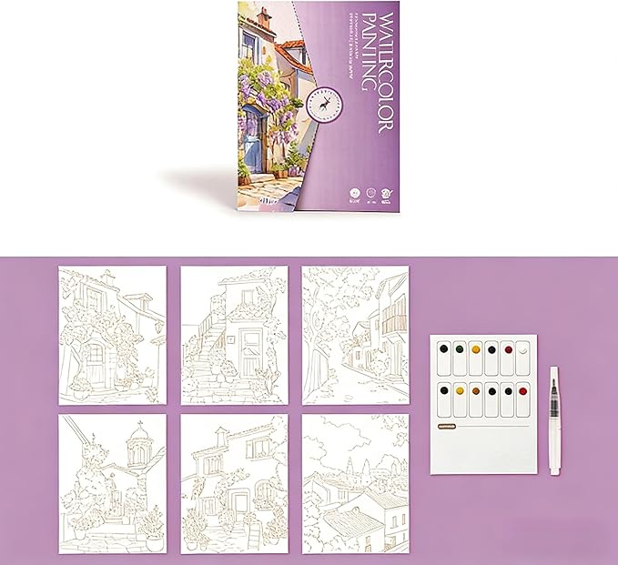 Watercolor Painting Set for Beginners Alley House Pattern Adult Art Coloring 6 Sheets with Paint Brush