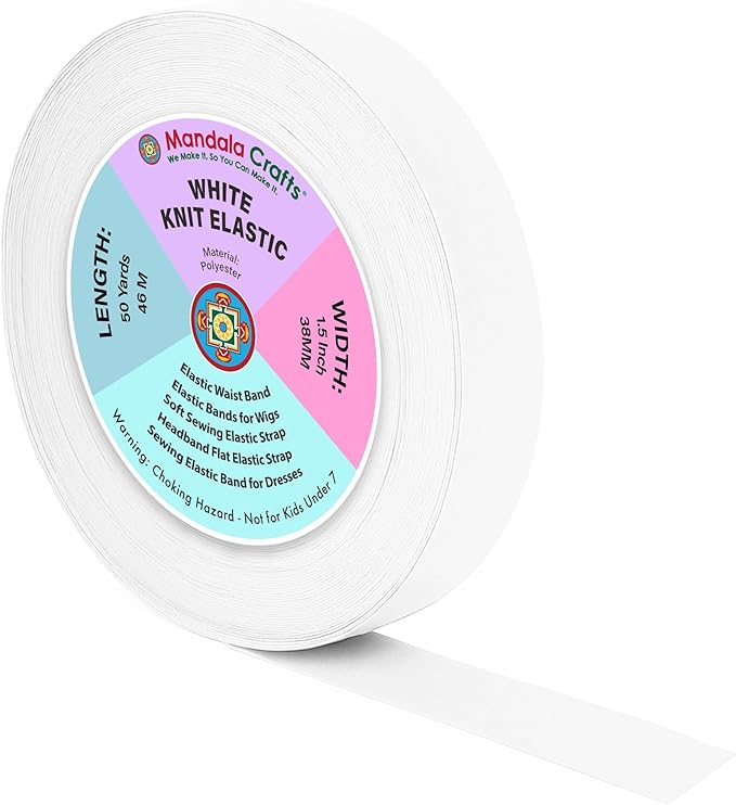 Mandala Crafts Wide 1.5 Inch White Elastic Bands Spool for Pants Waistbands Sewing and DIY Crafts, 50 YD Stretchy Flat Fabric Strap Knit Elastic Band for Wig