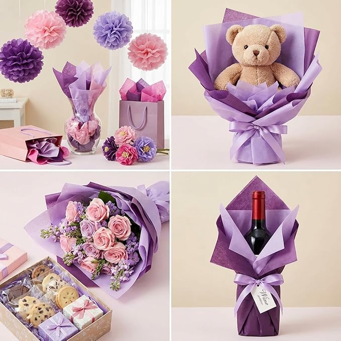 Qilery 500 Sheets Purple Tissue Paper Bulk for Gift Bags Flower Wrapping 15 x 20 Inch Acid Free Packaging Lavender Paper Sheets for Valentine's Day Easter Decoration DIY Craft, Wedding Party, Shipping