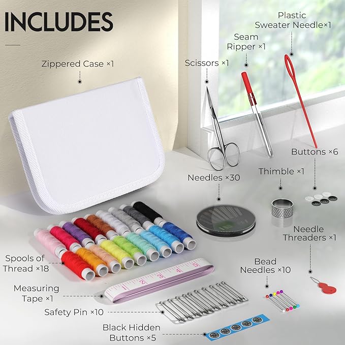 Coquimbo Sewing Kit for Adults, Kids, Beginner, Home, Traveler, Emergency, Portable Sewing Supplies Contains Soft Tape Measure, Scissors, Thimble, Thread, Sewing Needles etc (White, M)