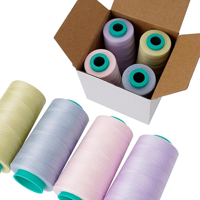 Serger Thread, All-Purpose Sewing Thread Polyester,4 Cones of 3000 Yards Each Spool,Cone Thread for Sewing Machine,140S/2 (Grey Blue,Yellow Green,Purple,Pink)