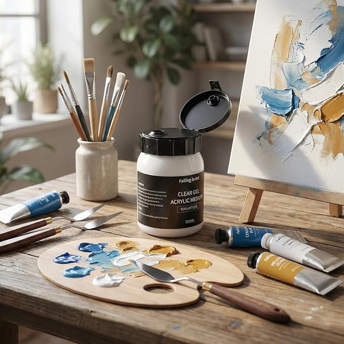 Falling in Art Clear Gel Acrylic Medium, 500ML/16.9Oz Gloss Gel Medium for Acrylic Paint, Ideal for Texture, Layering,and Extending Paint