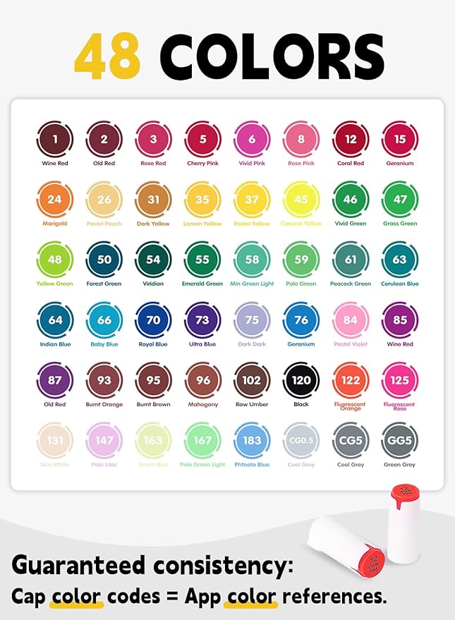 YHC 48 Alcohol Brush Marker with Free App, Chen Rui Dual Tips Art Markers for Adults, Alcohol Based Brush & Chisel Tips Markers for Drawing, Coloring, Painting, Sketching