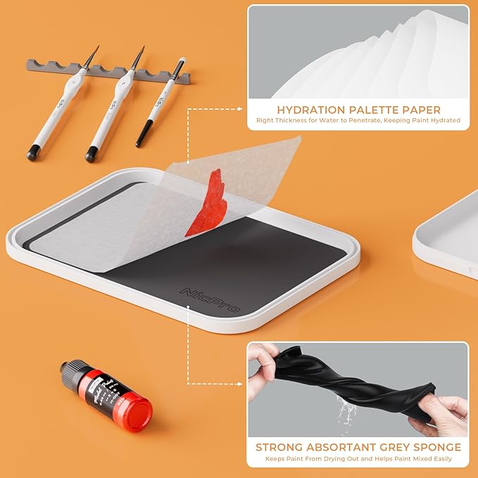 Nicpro Miniature Painting Kit with Wet Palette & 11PCS Detail Paint Brushes Drybrush, 100PCS Wet Pallet Paper, 4PCS Sponge, Brush Holder Mixing Paint Saver Palette for Miniature Model Painting